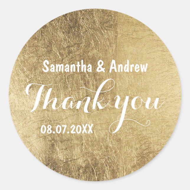 Luxury faux gold leaf wedding Thank you Classic Round Sticker (Front)