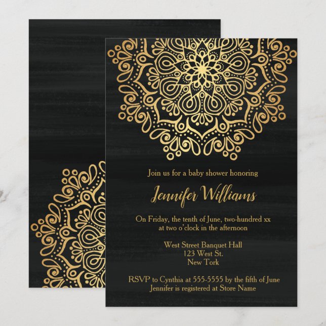 Luxury Faux Gold Mandala Black Baby Shower Invitation (Front/Back)