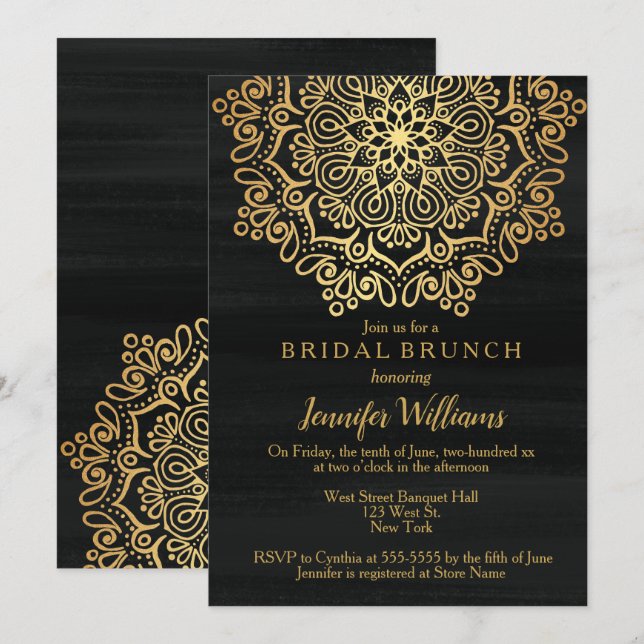 Luxury Faux Gold Mandala Black Bridal Brunch Invitation (Front/Back)