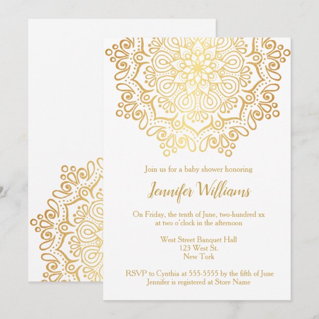 Luxury Faux Gold Mandala White Baby Shower Invitation (Front/Back)