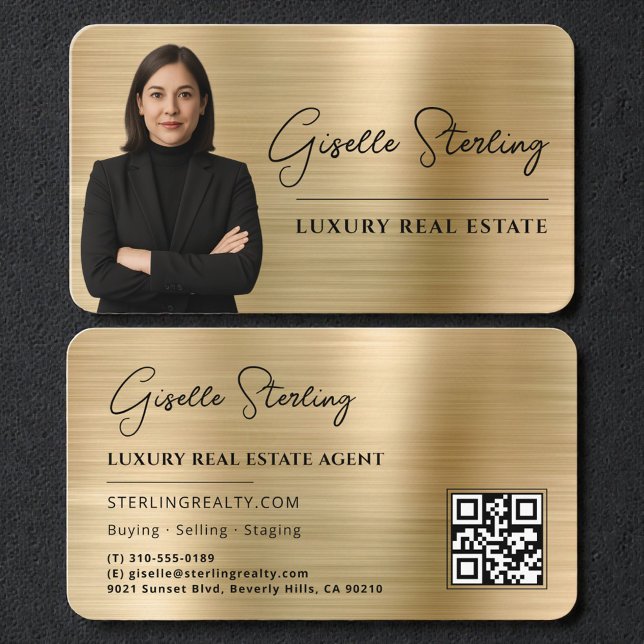Luxury Faux Gold Metallic Realtor Photo QR Code Business Card (Creator Uploaded)