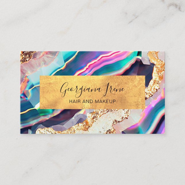 Luxury Faux Marble Agate Gold Colourful Rainbow Business Card (Front)