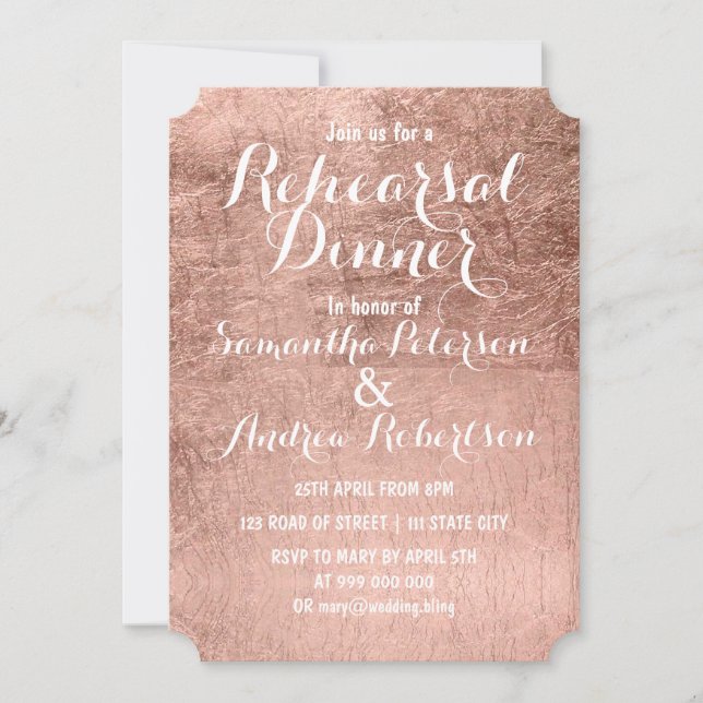Luxury faux rose gold leaf rehearsal dinner invitation (Front)