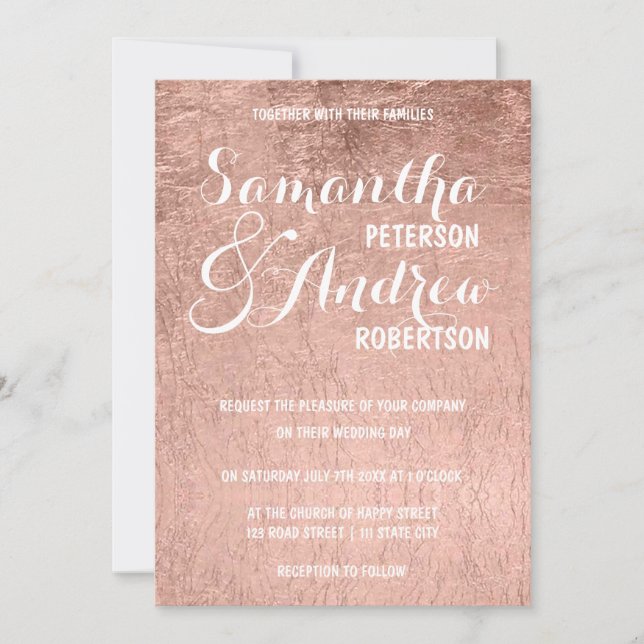 Luxury faux rose gold leaf Wedding Invitation (Front)