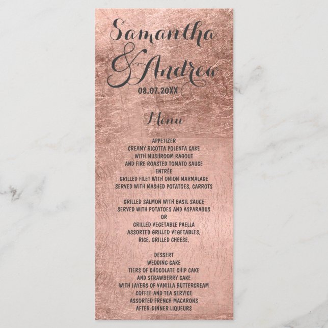 Luxury faux rose gold leaf wedding menu 2 (Front)
