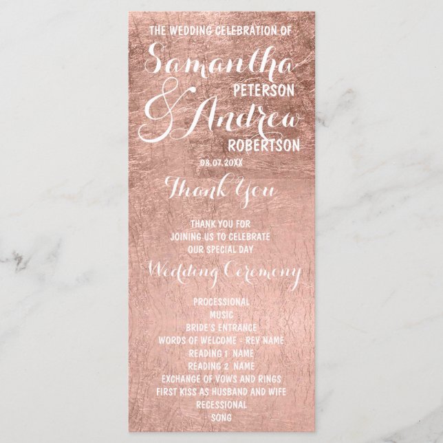 Luxury faux rose gold leaf Wedding Program Programme (Front)
