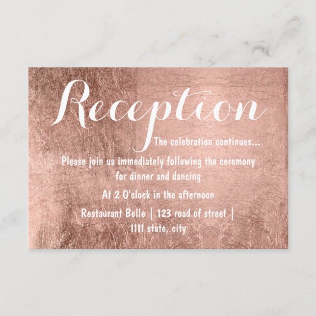 Luxury faux rose gold leaf wedding reception enclosure card (Front)