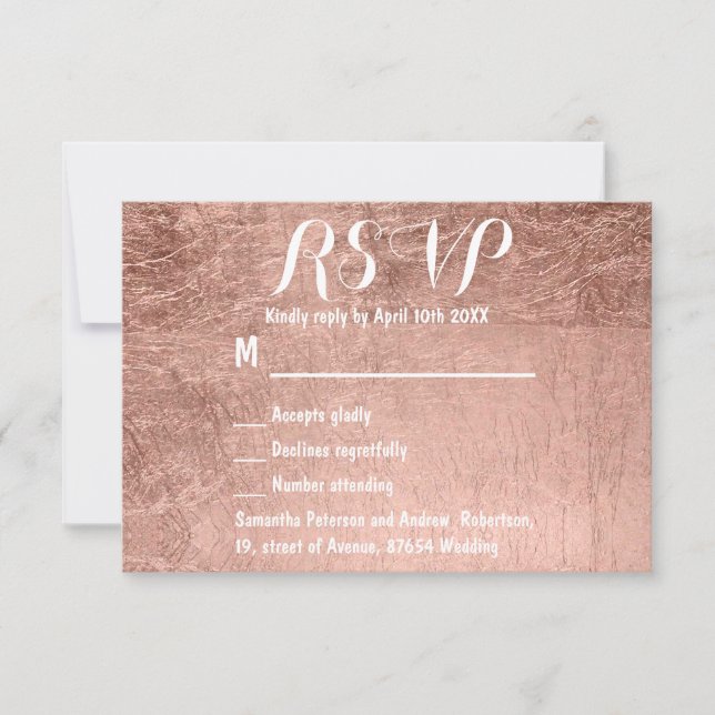 Luxury faux rose gold leaf wedding RSVP Card (Front)