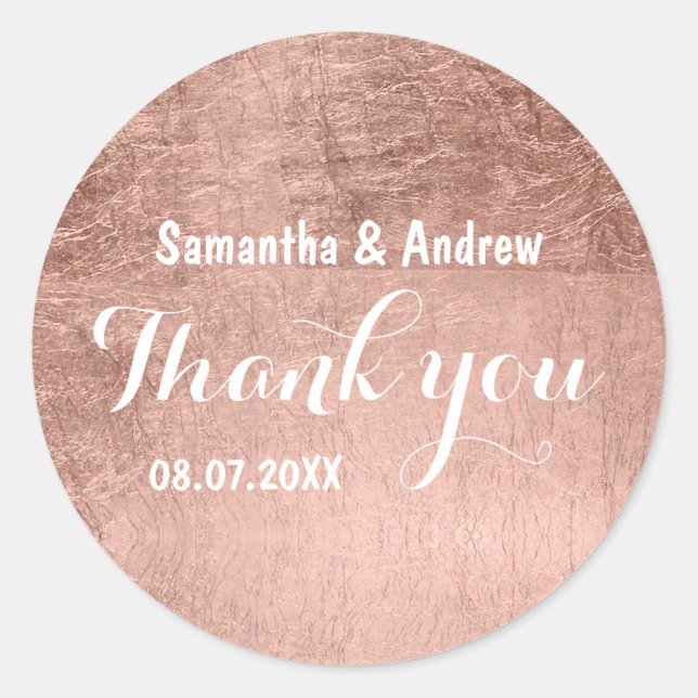 Luxury faux rose gold leaf wedding Thank you Classic Round Sticker (Front)