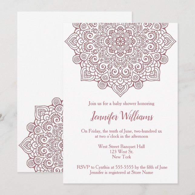 Luxury Faux rROSE Gold Mandala White Baby Shower Invitation (Front/Back)