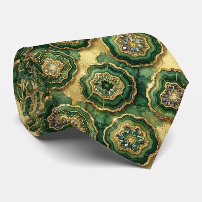 Luxury Faux Silk | Green + Gold Geode  Tie (Rolled)