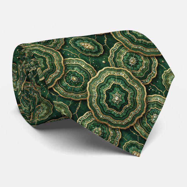 Luxury Faux Silk | Green + Gold Geode  Tie (Rolled)