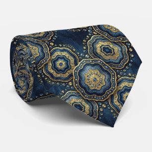 Luxury Faux Silk Navy Blue + Gold Geode Neck Tie