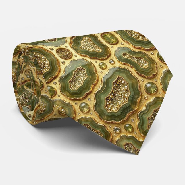 Luxury Faux Silk | Olive + Gold Geode Neck Tie (Rolled)