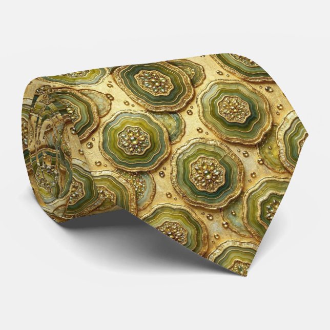 Luxury Faux Silk | Olive + Gold Geode Neck Tie (Rolled)