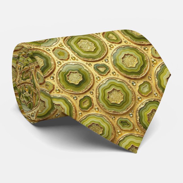 Luxury Faux Silk | Olive + Gold Geode Neck Tie (Rolled)