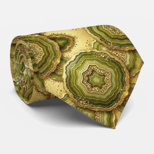 Luxury Faux Silk Olive + Gold Geode Neck Tie