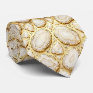 Luxury Faux Silk White + Gold Geode Neck Tie