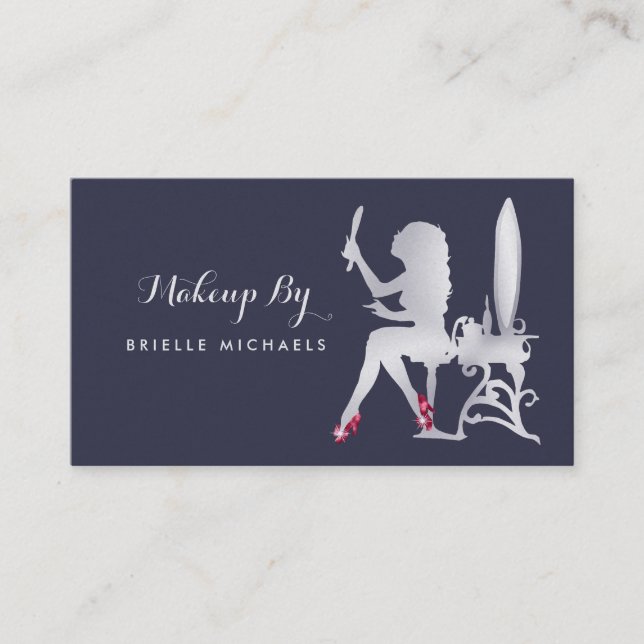 Luxury FAUX Silver Woman Makeup Artist Red Shoes Business Card (Front)