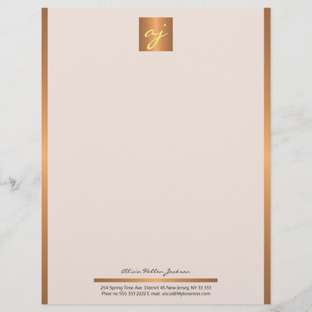 Luxury feminine blush pink copper gold monogram custom letterhead (Front)