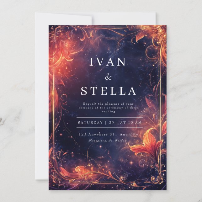 Luxury Fiery Red Gold Celestial Wedding Invitation (Front)