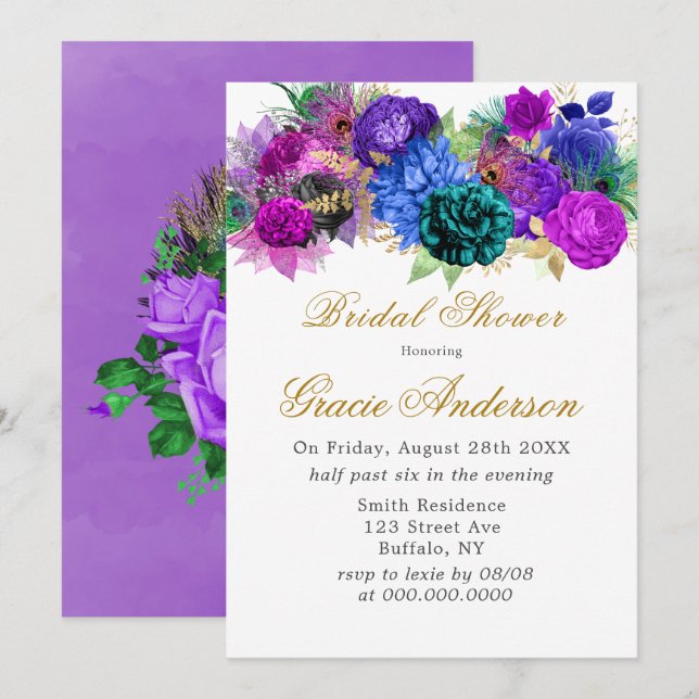 Luxury Fiesta Peacock Gold Bridal Shower  Invitation (Front/Back)