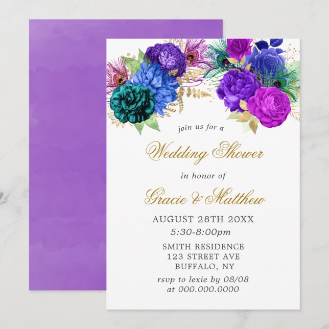 Luxury Fiesta Peacock Gold Wedding Shower Invites (Front/Back)