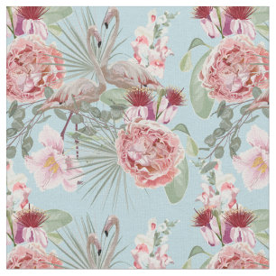 Luxury flamingo with fan plam and floral blue  fabric