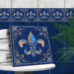 Luxury Fleur-de-lis - blue marble and gold Tile<br><div class="desc">Luxury Fleur-de-lis - blue marble and gold</div>