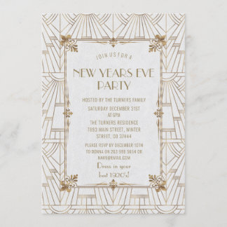 Luxury Fleur-de-Lis Gold Art Deco New Year Party Invitation