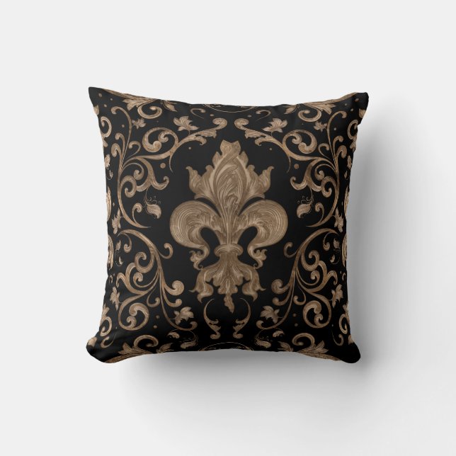 Luxury Fleur-de-lis ornament - black and gold Cushion (Front)