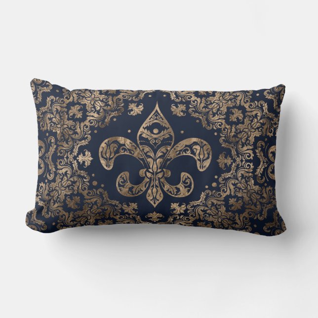 Luxury Fleur-de-lis Ornament - gold and dark blue Lumbar Cushion (Front)