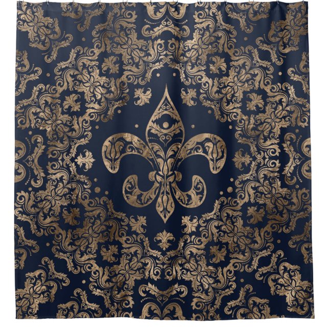 Luxury Fleur-de-lis Ornament - gold and dark blue Shower Curtain (Front)