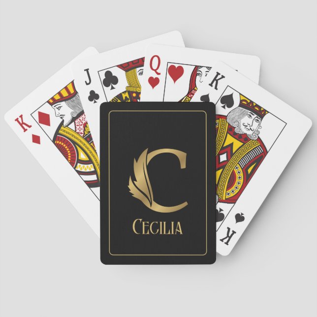 Luxury flora letter C in gold on black Playing Cards (Back)