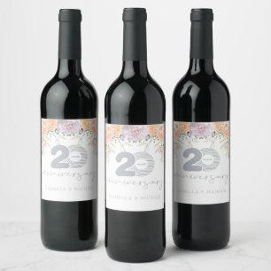Luxury Floral 20th Wedding Anniversary Wine Label
