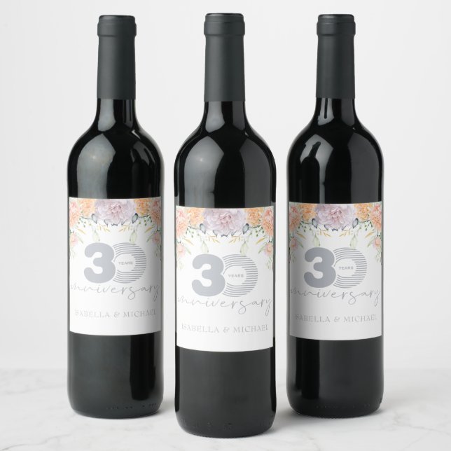 Luxury Floral 30th Wedding Anniversary Wine Label (Bottles)