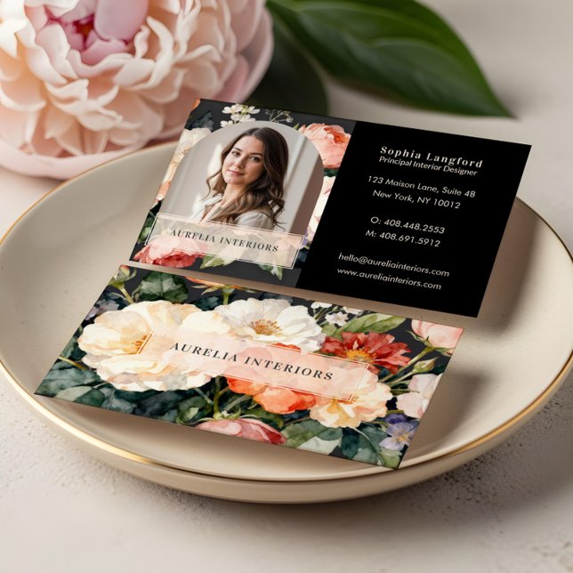 Luxury Floral Arch Photo Stylish Interior Designer Business Card (Luxury Floral Arch Photo Stylish Interior Designer Business Card)