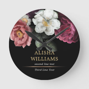 Luxury Floral Black Gold Personalised Elegant Round Clock