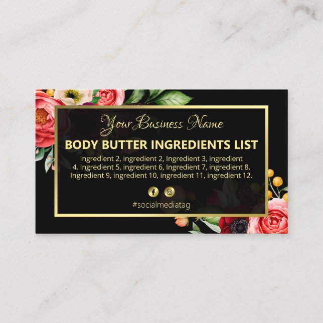 Luxury Floral Black Spa Ingredients Instructions Business Card (Front)