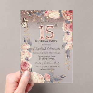 Luxury Floral,Butterfly,Lights 15th Birthday Acrylic Invitations