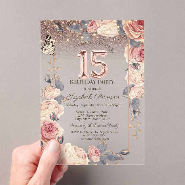 Luxury Floral,Butterfly,Lights 15th Birthday  Acrylic Invitations (Insitu (Handheld))
