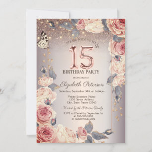 Luxury Floral,Butterfly,Lights 15th Birthday Invitation