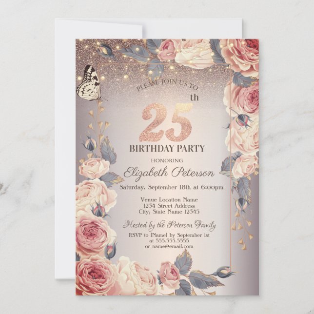 Luxury Floral,Butterfly,Lights 25th Birthday   Invitation (Front)