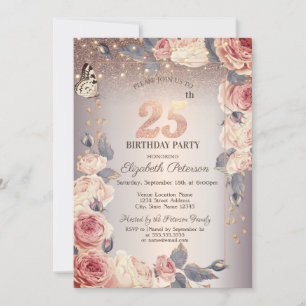 Luxury Floral,Butterfly,Lights 25th Birthday   Invitation