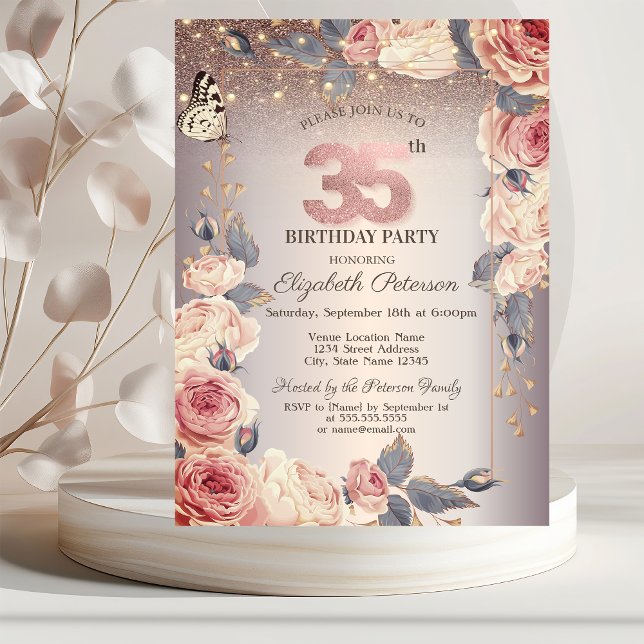 Luxury Floral,Butterfly,Lights 35th Birthday  Invitation (Creator Uploaded)
