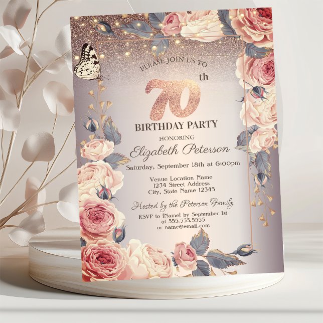 Luxury Floral,Butterfly,Lights 70th Birthday Invitation (Creator Uploaded)