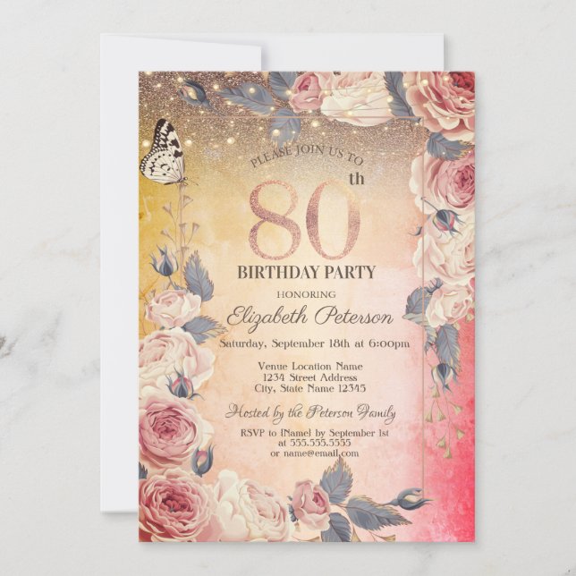 Luxury Floral,Butterfly,Lights Ombre 80th Birthday Invitation (Front)