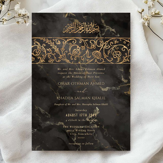 Luxury Floral Gold Black Marble Islamic Wedding Invitation (Creator Uploaded)
