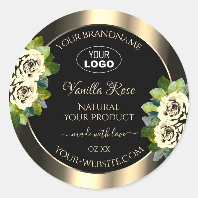 Luxury Floral Gold Black Product Labels Roses Logo (Front)