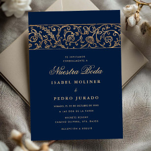 Luxury Floral Gold Navy Blue Nuestra Boda Wedding Invitation
